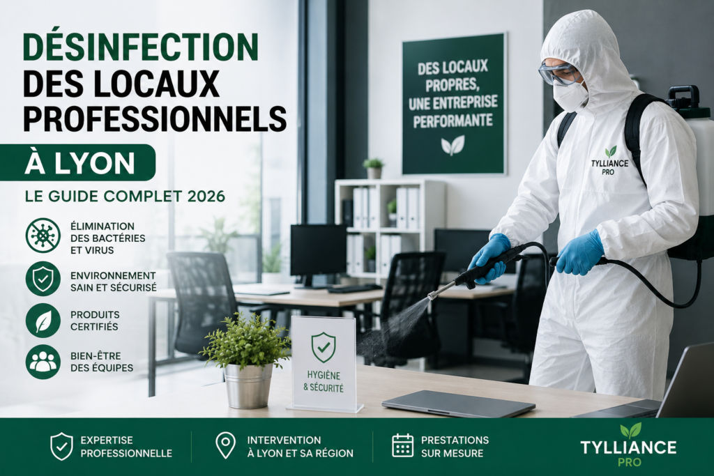 Agent Tylliance PRO en combinaison réalisant la désinfection de locaux professionnels